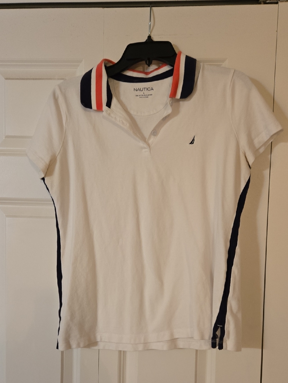 Nautica White Polo with Navy Panels and Peaxh/Navy -Trim Collar